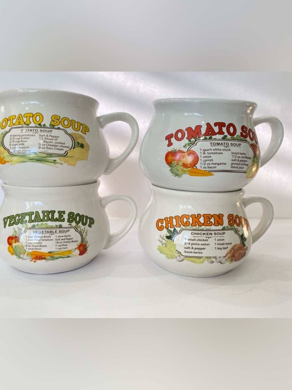 Set of 4 Vintage Soup Recipe Mugs  - Tomato, Potato, Vegetable, Chicken